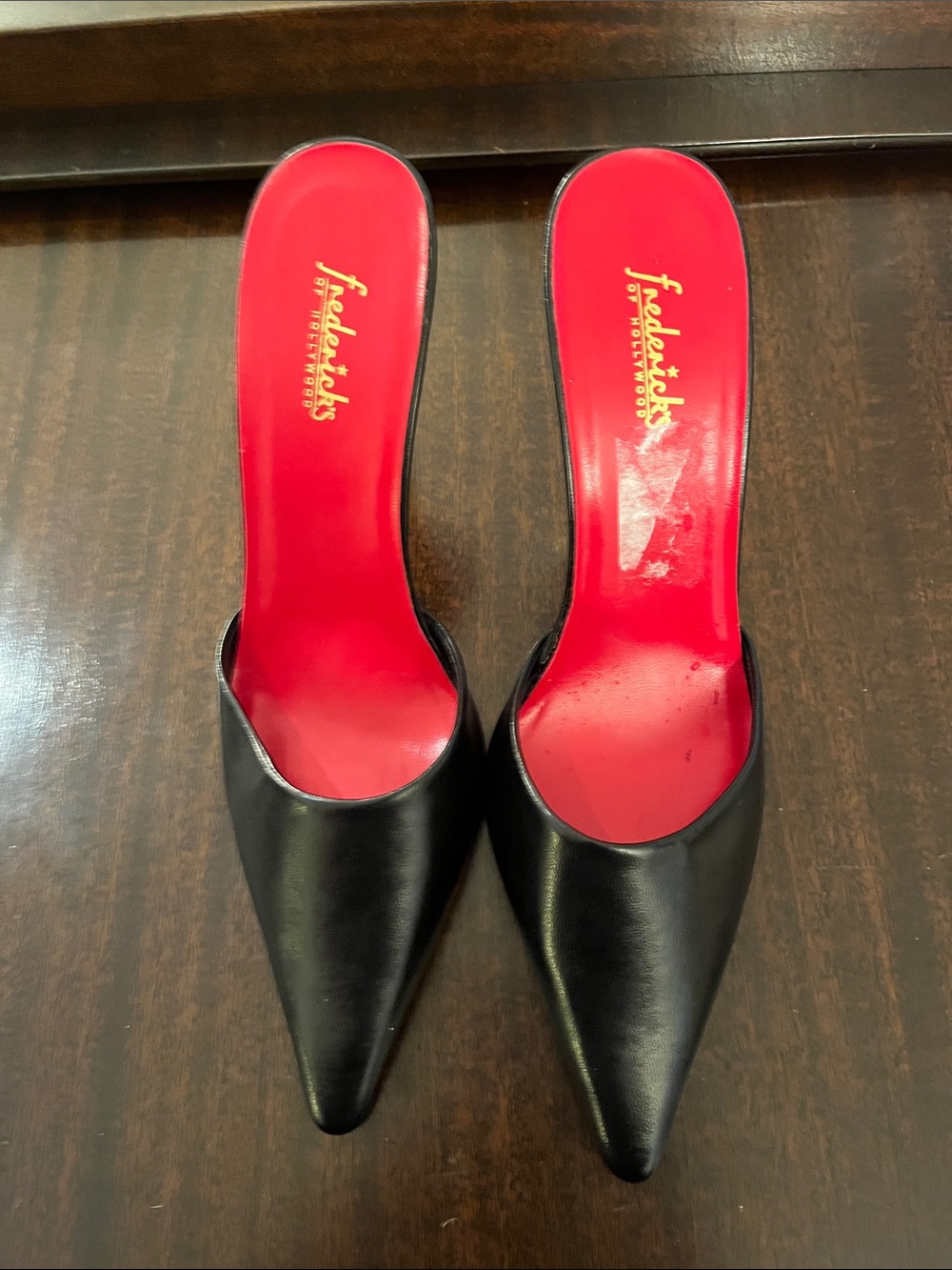 Frederick's of Hollywood Black Pointed Mule Heels with Red Insole